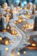 Whimsical Christmas village with glowing Xmas lights, ideal for web, blog, flyer and banner use, adding a warm festive mood to holiday designs and seasonal creative projects.