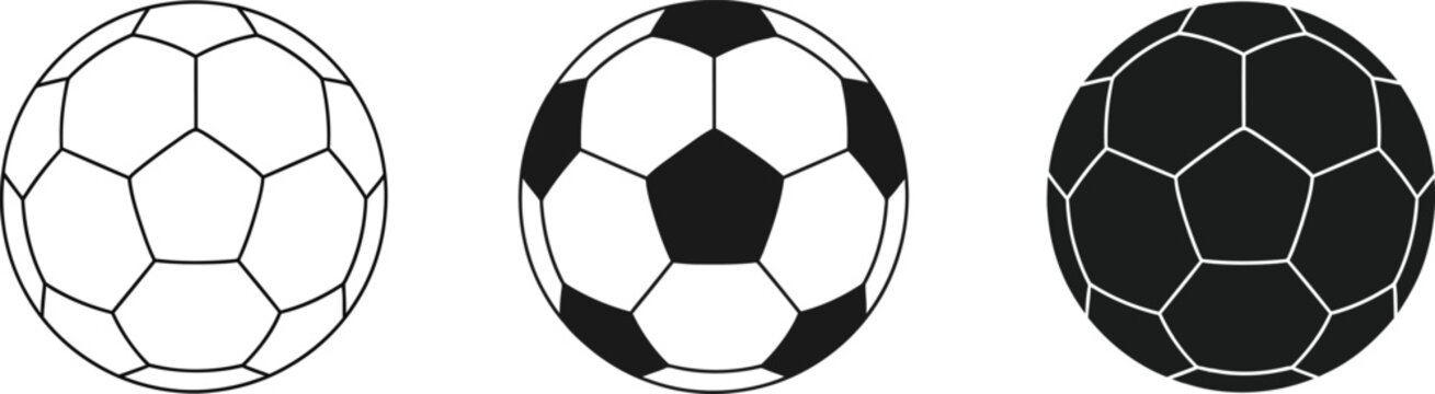 Three distinct soccer ball illustrations: outline, classic black and white, and solid black, showcasing the iconic polygonal pattern.