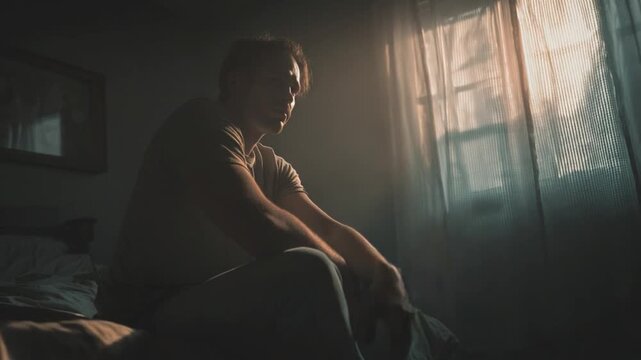 Man with depression sitting in dark bedroom holding head, soft window light capturing deep emotion