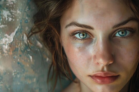 Close up portrait of a young woman with striking light blue eyes, a nose piercing, and an artistic background, conveying confidence and determination