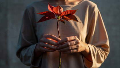 Woman Holding a Vibrant Poinsettia Flower, A Symbol of Holiday Season and Beauty