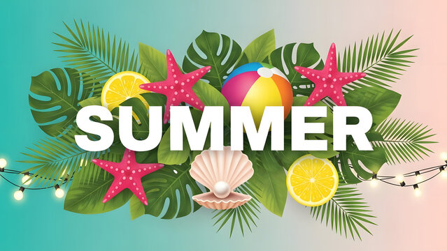 Vibrant summer celebration with tropical leaves beach ball starfish seashells and citrus fruits