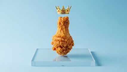 A golden fried chicken drumstick with a crown on top, presented on a clear platform.