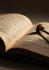 Open music book with dried rose on pages.