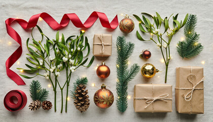 Festive Christmas Decoration Arrangement with Gift Boxes, Ornaments and Greenery