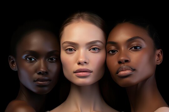 Studio portrait of three women with diverse ethnicities showcasing natural beauty and promoting inclusivity