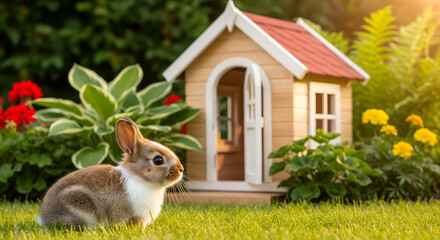 Baby Bunny by a Miniature Wooden Dollhouse in Garden
