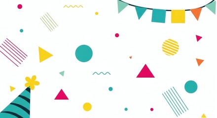 A festive and colorful abstract background with geometric shapes, confetti, bunting, and a party hat.