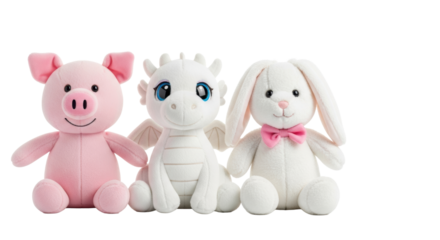 soft studio light illuminates a pink piglet, white dragon, and bunny plush toys sitting on a transparent surface with copy space, concept of childhood toys advertising