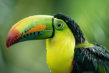 Obraz premium Close up of a keel billed toucan with water droplets on its beak and feathers, against a blurred green background