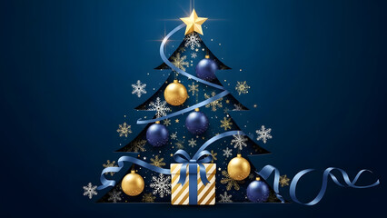 Festively decorated christmas tree with blue ornaments and golden star topper on dark background