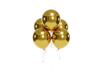 Four ultra-reflective spherical metallic gold foil balloons floating with iridescent pearl white ribbons, against a high-key white studio background with copy space. Concept of exclusive luxury