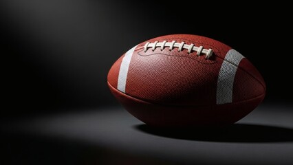 A classic American football sits under a dramatic spotlight against a dark, shadowy background.