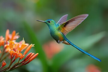 Fototapeta premium Hummingbird Longtailed Sylph Aglaiocercus kingi hovering near vibrant orange flowers in a lush tropical environment