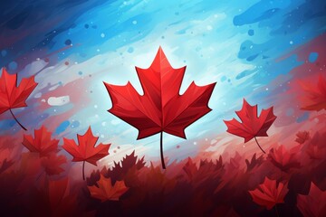 Red maple leaves falling against a vibrant sky, celebrating canada day with patriotic colors