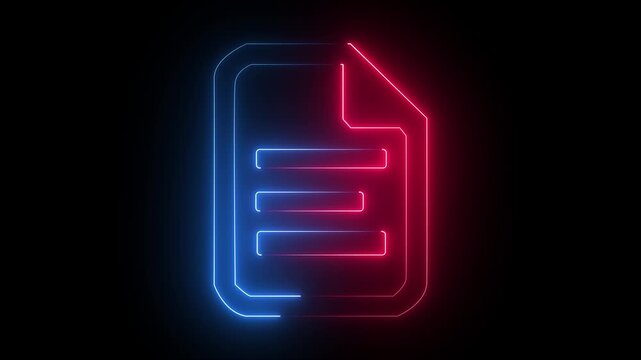 neon blue and red color document file icon animation paper note test office form animated on black background