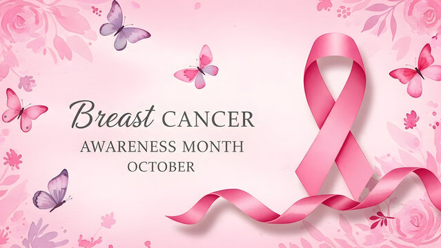 Pink ribbon symbol for breast cancer awareness month with butterflies and floral elements