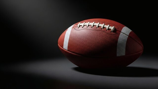 A classic American football sits under a dramatic spotlight against a dark, shadowy background. - Powered by Adobe