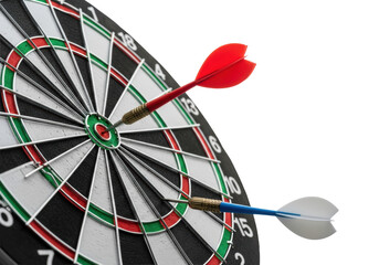 Close-up of a sisal dartboard. A red dart hits the bullseye, sharply contrasting with a discarded blue dart below, isolated on a transparent studio background. Concept of success and failure