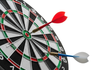 Close-up of a sisal dartboard. A red dart hits the bullseye, sharply contrasting with a discarded blue dart below, isolated on a transparent studio background. Concept of success and failure