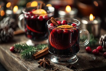 Delicious Christmas mulled wine served in circle glasses garnished with cranberries and orange slices in a cozy setting