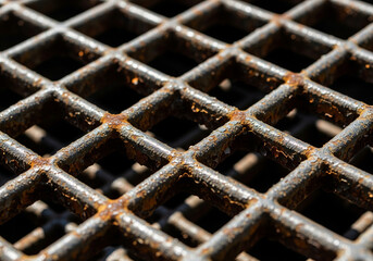 Close-up view of a weathered and rusty metal grate, showcasing its intricate geometric pattern and textured surface, perfect for industrial backgrounds and design elements