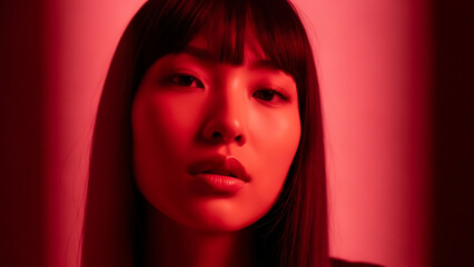 Striking close-up of a confident Asian woman with sleek black hair bathed in vibrant red light creating a modern and edgy fashion statement