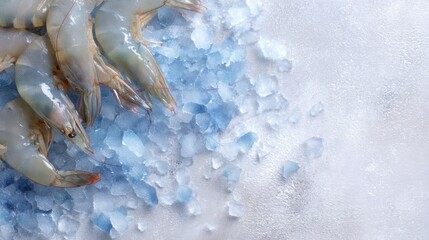 Group of shrimp on a bed of ice. the shrimp are light blue in color and appear to be freshly caught. they are arranged in a scattered manner, with some overlapping each other.