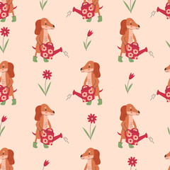 Dachshund Dog with Watering Can Seamless Pattern. Cute hand drawn Puppy Baby Animal with gardening equipment and flowers. Childish repeat vector illustration