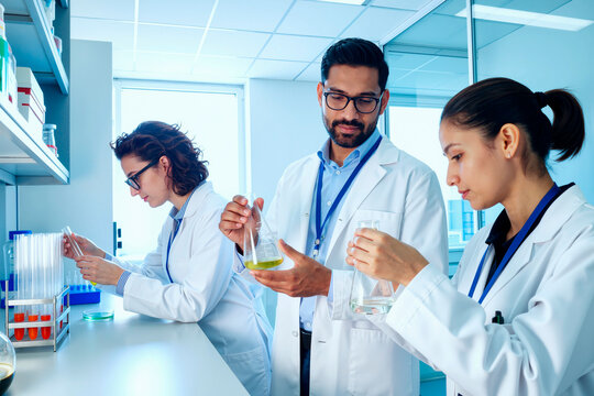 Group of young adult scientists including Caucasian woman, South Asian man, and Hispanic woman conducting chemical experiments in laboratory, examining liquids in glassware, wearing lab coats