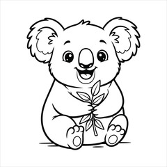 A Baby panda sitting and holding bamboo black line art, white background