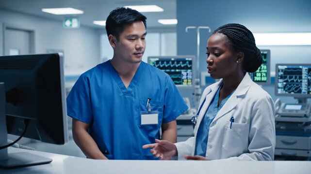 Two medical professionals converse in hospital room One points at computer screen while other listens Monitors display vital signs behind them