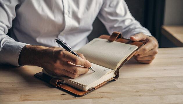 Close-up of a man's hands writing in a notebook with a pen, planning and taking notes
