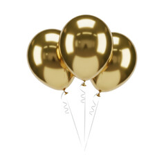 Three clustered metallic gold foil balloons with dramatic specular highlights and delicate white strings, isolated on a transparent void background for copy space, luxury celebration decor concept