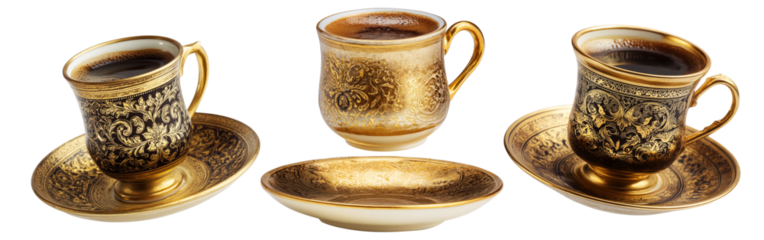 Golden coffee cup filled with Arabic cardamom spiced dark coffee Qahwa placed on saucer isolated on white transparent background