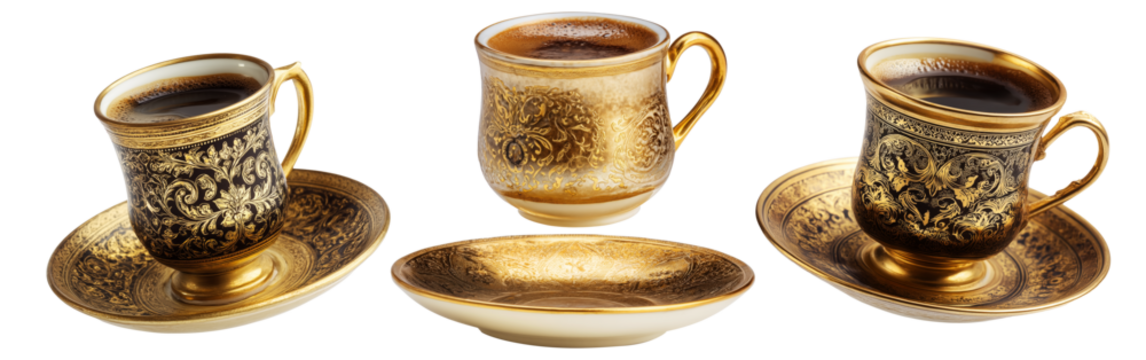 Golden coffee cup filled with Arabic cardamom spiced dark coffee Qahwa placed on saucer isolated on white transparent background