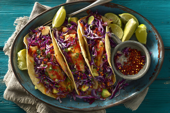 Flavorful fish tacos with purple cabbage and lime, a vibrant and delicious meal perfect for a restaurant menu or food blog, showcasing fresh ingredients - Powered by Adobe