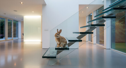 Brown Rabbit on Glass Stairs in Luxury Modern Home