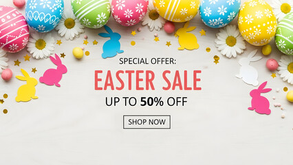 Bright easter sale announcement with colorful decorated eggs and festive bunnies