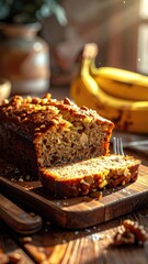 Fototapeta premium A close-up of a freshly baked, sliced banana bread topped with nuts on a wooden board with bananas in the background.