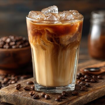 Close up of refreshing iced coffee with creamy swirls and ice in a glass, surrounded by coffee beans.
