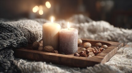 Two candles flickering softly a promise of calm amidst the cozy blanket and the wooden tray filled with nuts and seeds