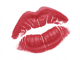 Passionate kiss imprint with vibrant red lipstick on white, perfect for beauty blogs or romantic designs, a bold statement of love