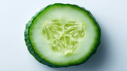 Single Fresh Cucumber Slice Isolated on White Background | Macro Top View of Green Vegetable Cross-Section for Salad, Spa Facial, and Healthy Food Concepts
