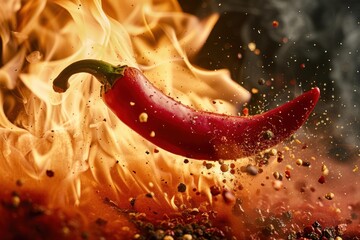 Red chili pepper exploding with spices on fire, creating a vibrant and dynamic culinary scene