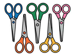 A collection of five colorful scissors with different handle colors arranged in a scattered pattern on a white background.