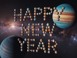 Cosmic happy new year celebration with planets and stars in deep space