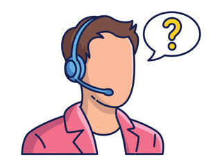A person wearing a headset with a microphone has a question mark in a speech bubble above their head, representing customer service or technical support.