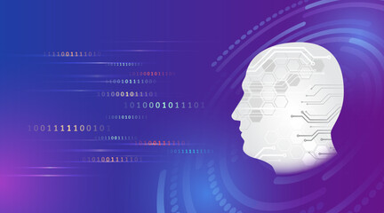 Obraz premium Futuristic AI concept featuring a human head silhouette with hexagonal and circuit patterns on a purple-blue background with flowing binary code.