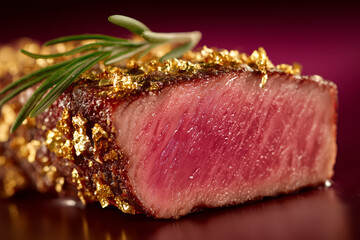 Indulge in a perfectly seared steak adorned with edible gold leaf and fresh rosemary, a culinary masterpiece for upscale dining experiences
